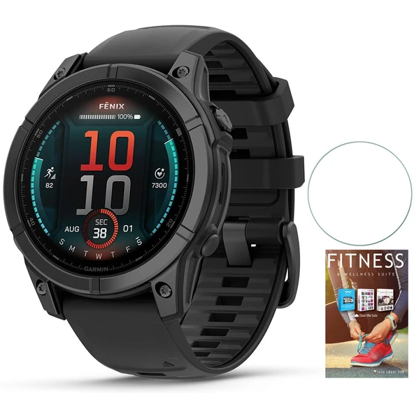 Garmin 010-03025-02 Fenix E 47 mm AMOLED Çelik ile Black Silikon Band Sche ile Tech Smart USA Fitness & Wellness Suite ve Round Tempered Glass Ekran Koruyucu ürün görseli 1