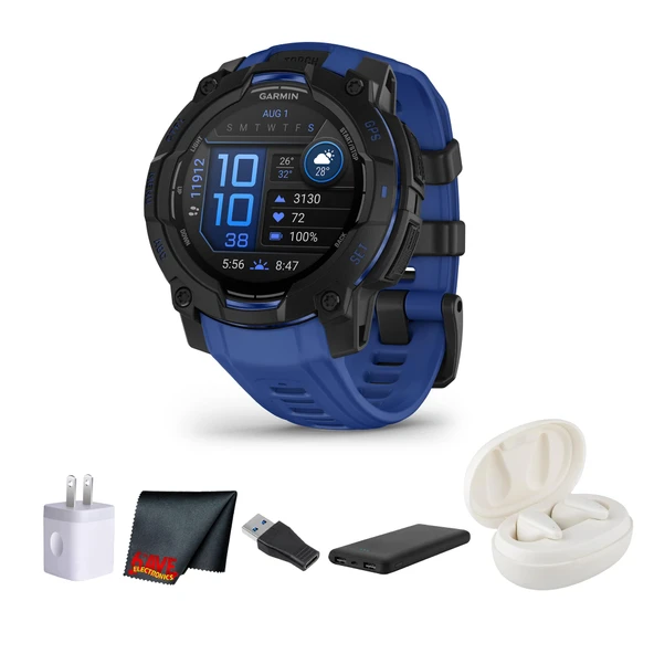 Garmin Instinct 3 Rugged GPS Smartwatch, 45 mm AMOLED Display, Supernova Collection, Multi-Band GPS with SatIQ, built-in Flashlight, 18 Days Battery Life, Black with Bolt Blue/Black Band Sche ürün görseli 1