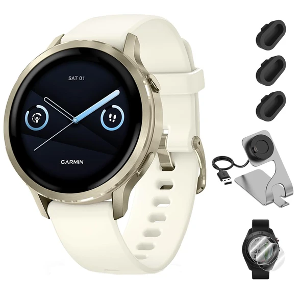 Garmin Venu 4 (41mm) GPS Smartwatch Moon Gold with Bone Band Sche w/Deco Essentials Şarj Dock, 3-Pack Dust Covers & 2Pack 1.2" Ekran Koruyucuları ürün görseli 1