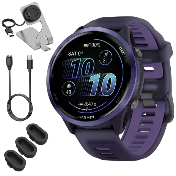 Garmin 010-02971-02 Forerunner 570-47mm GPS Smartwatch, alüminyum ve Mor / Indigo Band Sche with Deco Essentials Şarj Dock, 3X Silikon Toz Kapak ve USB Type C Şarj ve Sen Kablo ürün görseli 1