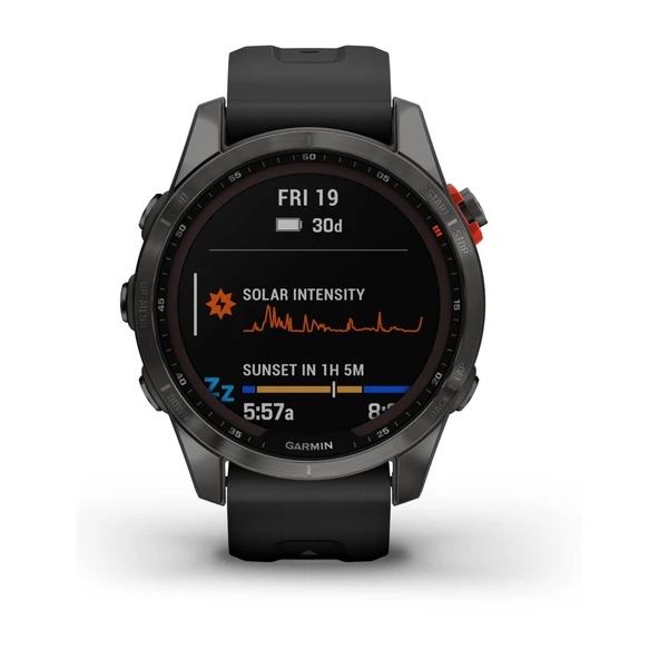 Garmin Fenix 7S Solar, Smaller Dimensiond Adventure smartwatch ile, Solar Şarjleri ile Rugged Outdoor Watch with GPS, Touch, Health and Wellness Özellikler, Slate Gray with Black Band ürün görseli 1