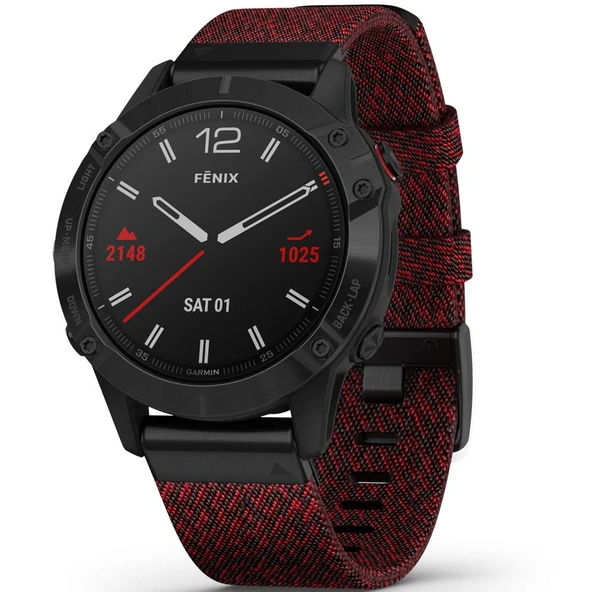 Garmin Fenix 6 Sapphire, Premium Multisport GPS İzle, Özellikler Haritalama, Müzik, Grade-Adjusted Pace Rehberlik ve Pulse Ox Sensörleri, Black DLC with Heathered Red Cookies Band ürün görseli 1