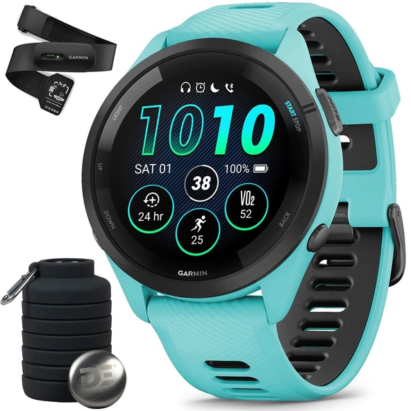 Garmin 010-02810-02 Forerunner 265 GPS Smartwatch Aqua / Siyah Grafik Kalp Puanı Doğru Kalp Oranı & HRV Data Yıkamalı M-XL ve Deco Essentials Collapsable Water Şişe ürün görseli 1