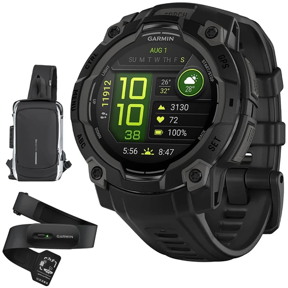 Garmin 010-02936-00 Instinct 3-45mm Açık GPS Smartwatch, AMOLED, Black w/Black Band Sche with HRM 200 Heart Rate True Heart Rate & HRV Data (M-XL) & Deco Essentials Sling Backpack ürün görseli 1