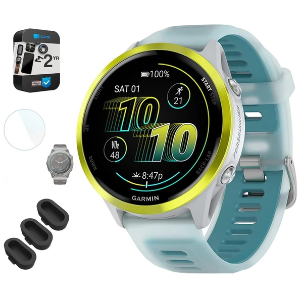 Garmin Forerunner 570-47mm GPS Smartwatch, alüminyum ve Whitestone/Turquoise Band Sche ile 2 Yıl Koruma Paketi + Silikon Toz Kapak (3-Pack) + 1.4 inç Ekran Koruyucu ürün görseli 1