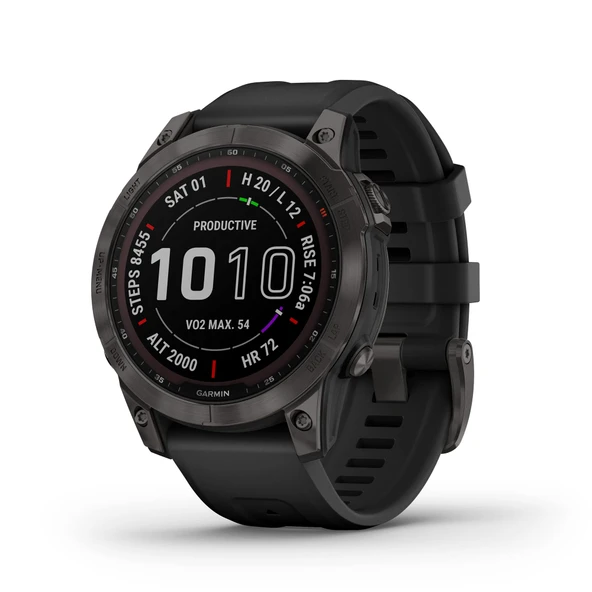 Garmin Fenix 7 Sapphire Solar, Adventure smartwatch, Solar Şarjleri ile, Rugged Outdoor Watch with GPS, Touchscreen, Wellness Özellikler, Karbon Gray DLC Titanyum ürün görseli 1