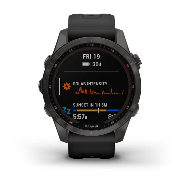 Garmin Fenix 7S Sapphire Solar, Smaller Adventure smartwatch, Solar Şarj Yararlıları ile Rugged GPS, Touch, Wellness Özellikler, Karbon Gray DLC ürün görseli 1