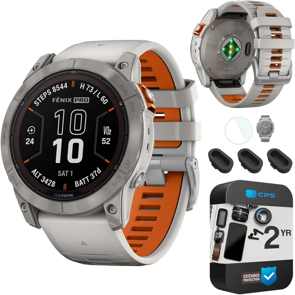 Garmin Fenix 7X Pro Sapphire Solar, Multisport GPS Smartwatch, yerleşik Flashlight, Solar Şarj, Titanyum w/Fog Gray/Ember Orange Band Sche ile 2YR CPS Koruma Paketi, Dust & Ekran Koruyucu ürün görseli 1