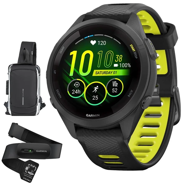 Garmin 010-02810-03 Forerunner 265S GPS Smartwatch, Black/Amp Yellow Sche with HRM 200 Kalp Puanı Doğru Kalp Oranı ve HRV Data Yıkamalanabilir (XS-S) & Deco Essentials Sling Backpacks ürün görseli 1