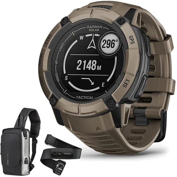 Garmin 010-02805-12 Instinct 2X Solar Rugged GPS Smartwatch Taktik Baskı Coyote Tan Sche with Garmin Heart Rate Monitor M-XL ve Deco Essentials Sling Backpack USB Şarj Su Yalıtım Suları ürün görseli 1