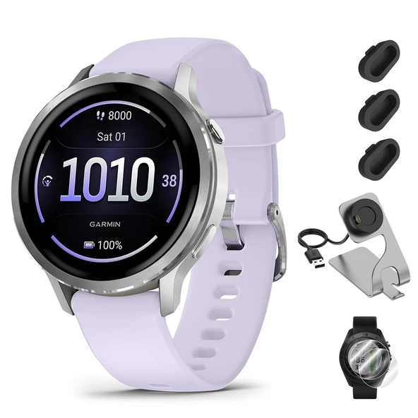 Garmin Venu 4 (41mm) GPS Smartwatch Silver with Periwinkle Silikon Band Sche w/Deco Essentials Şarj Dock, 3-Pack Dust Covers & 2Pack 1.2" Ekran Koruyucuları ürün görseli 1