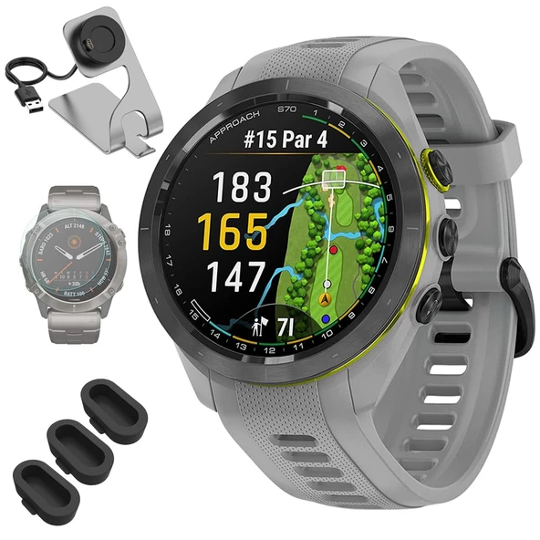 Garmin 010-02746-01 Yaklaşım S70 42 mm Premium GPS Golf Watch, Toz Grey Band Sche with Deco Essentials Şarj Dock, 3X Dust Cover ve 1.4 inç Ekran Koruyucu ürün görseli 1