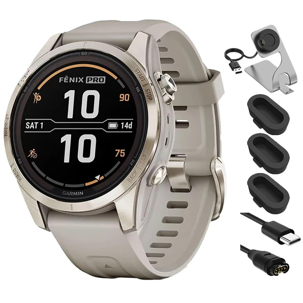 Garmin 010-02775-14 Fenix 7S Pro Solar, Sapphire, Soft Gold Steel, Light Sand Sche with Deco Essentials Şarj Dock Sapphire ürün görseli 1