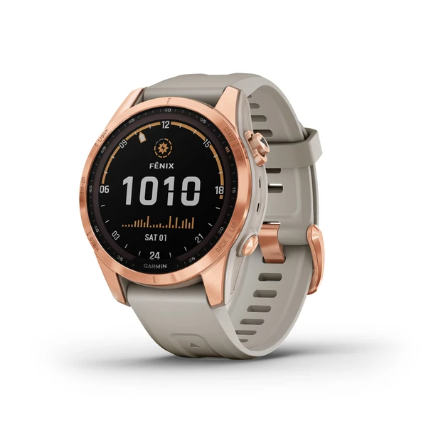 Garmin Fenix 7S Solar, Smaller Dimensiond Adventure smartwatch ile, Solar Şarjleri ile Rugged Outdoor Watch with GPS, Touch, Health and Wellness Özellikler, Rose Gold with Light Sand Band ürün görseli 1