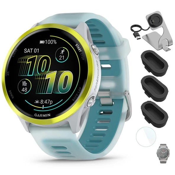 Garmin 010-02971-01 Forerunner 570-47mm GPS Smartwatch Alüminyum ve Beyazstone / Turquoise Band Sche ile Deco Essentials Şarj Dock, Silikon Dust Cover 3 Pack ve 1.4 inç Ekran koruyucu ürün görseli 1