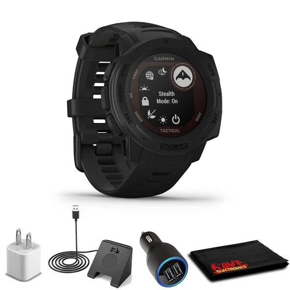 Garmin Instinct Solar Taktik Edition Black + USB Car/Wall Adaptör + Watch Şarj Stand + 6Ave Fiber Kumaşı (010-022913) ürün görseli 1