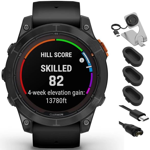 Garmin 010-02777-02 Fenix ​​7 Pro Solar, Wi-Fi, Koyu Gri, Siyah Şema, Dekoratif Aksesuarlar, Şarj İstasyonu, Toz Kapağı 3'lü Paket ve USB Type C Şarj ve You Kablosu ile birlikte ürün görseli 1