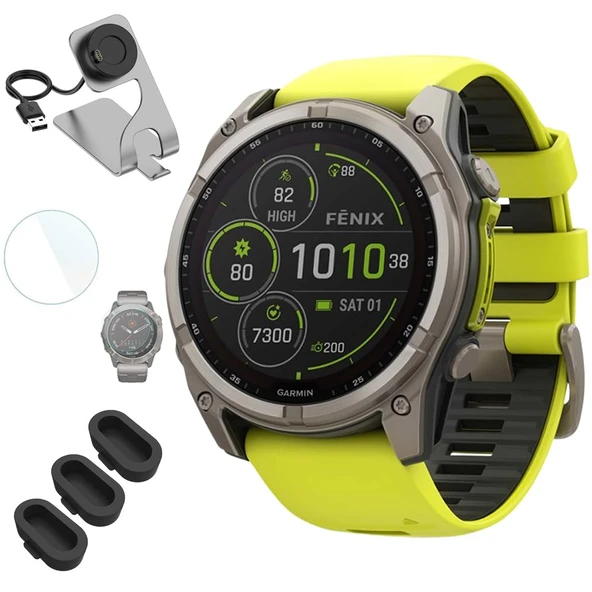 Garmin 010-02906-20 Fenix 8 47 mm, Solar Sapphire, Fiber Sarı / Grafit Silikon Bantı ile Deco Essentials Şarj Dock, 3X Silikon Toz Kapak ve 1.4 inç Ekran Koruyucu ürün görseli 1