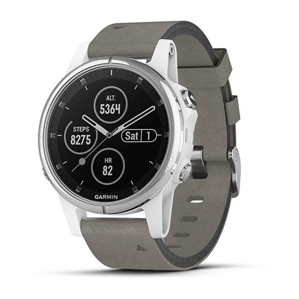 Garmin fenix 5S Plus, Smaller-Sized Multisport GPS Smartwatch, Özellikler Renk Topo Haritalar, Kalp Puanı İzleme, Müzik İletişimsiz Ödeme, Gümüş / Beyaz Gray Suede Band ürün görseli 1