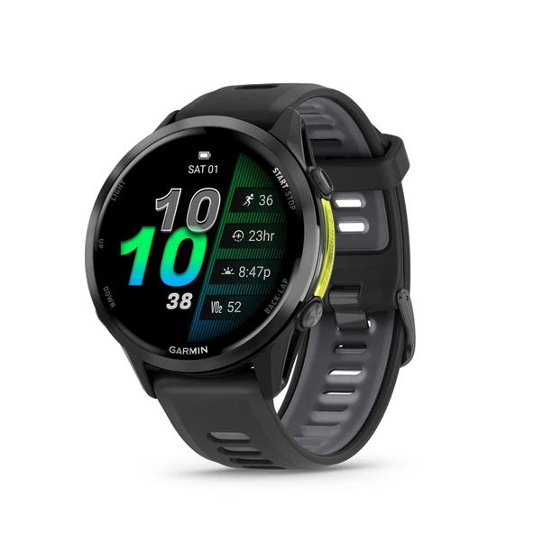 Garmin® Forerunner® 970 Premium GPS koşu ve triatlon akıllı saati, AMOLED ekran, entegre LED el feneri, siyah kasalı karbon grisi DLC titanyum ve siyah yarı saydam beyaz taş bant ürün görseli 1