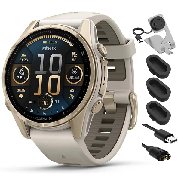 Garmin 010-02903-10 Fenix 8 43 mm AMOLED Soft Gold with Fog Gray Sandstone Silikon Band Sche with Şarj Dock, Dust Cover 3 Pack and USB Type C Şarj ve Sen Cable ürün görseli 1