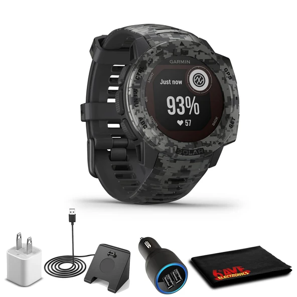 Garmin Instinct Solar Sportsman Edition Graphite Camo + USB Car/Wall Adapt + Watch Şarj Stand + 6Ave Fiber Kumaş (010-02293-15) ürün görseli 1
