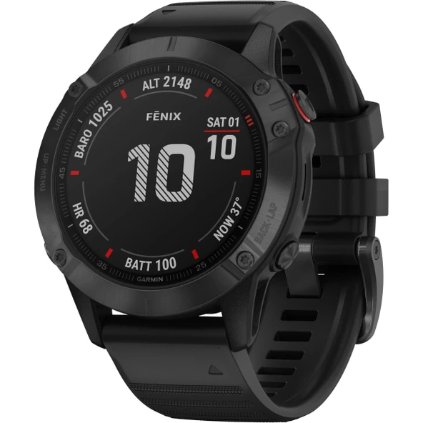 Spor uygulamaları, 1,3 inç ekran ve kalp atış hızı ölçümü, 14 güne kadar pil ömrü sunan Garmin GPS çoklu spor akıllı saati fenix 6 PRO Orta Siyah/Siyah ürün görseli 1