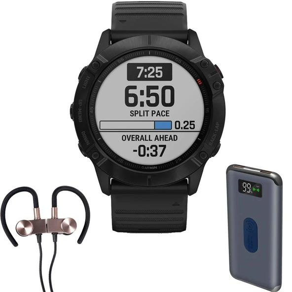 Garmin Fenix 6X Pro Multisport GPS Smartwatch Black Band with Wireless Earbuds Sche ürün görseli 1