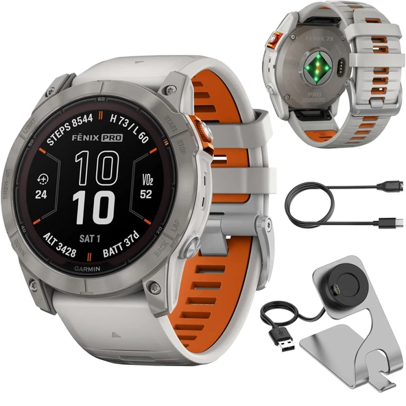 Garmin Fenix 7X Pro Sapphire Solar, Multisport GPS Smartwatch, yerleşik Flashlight, Solar Şarj, Fog Gray/Ember Orange Band Sche with Deco Essentials Şarj Dock &Silicone Covers ürün görseli 1
