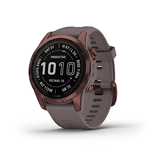 Garmin Fenix 7S Sapphire Solar, Smaller Adventure smartwatch, Solar Şarj Yararlıları ile Rugged GPS, Touch, Wellness Özellikler, Dark Bronz Titanyum ile Shale Gray Band ürün görseli 1
