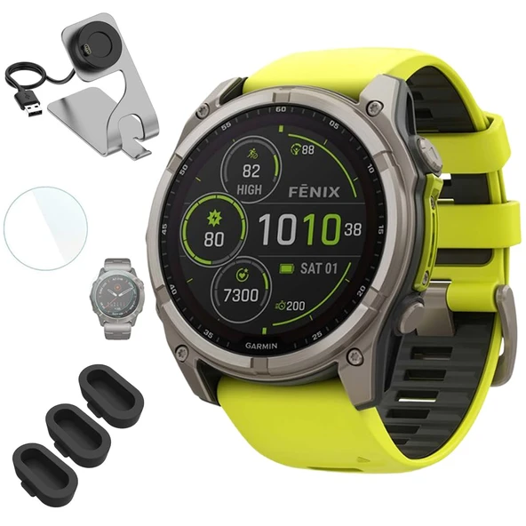Garmin 010-02907-20 Fenix 8 51mm, Solar Sapphire, Amp Sarı / Grafit Silikon Bantı ile Deco Essentials Şarj Dock, 3X Silikon Toz Kapak ve 1.4 inç Ekran Koruyucu ürün görseli 1