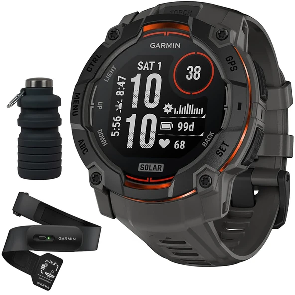 Garmin Instinct 3-50 mm Açık GPS Smartwatch, Solar, Black with Charcoal Band with HRM 200 Heart Rate Monitor (XS-S) Sche with Deco Essentials Collapsable Water Şişe ürün görseli 1