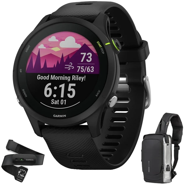 Garmin 010-02641-20 Forerunner 255 Music GPS Smartwatch Black Sche Heart Rate Monitor- XS-S ve Deco Essentials Sling Backpack USB Şarj Su Yalıtım Su Yalıtım Suları Su Yalıtım Su Yalıtım Suları ürün görseli 1