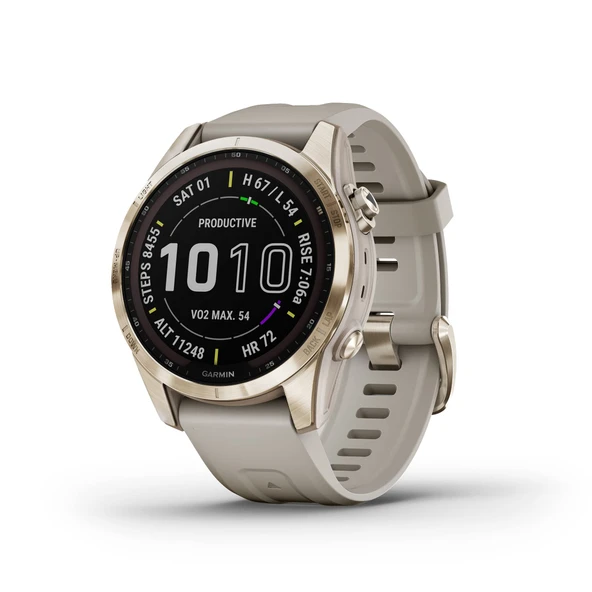 Garmin Fenix 7S Sapphire Solar, Smaller Adventure smartwatch, Solar Şarj Gürültüleri ile Rugged GPS, Touch, Wellness Özellikler, Cream Gold Titanyum with Light Sand Band ürün görseli 1