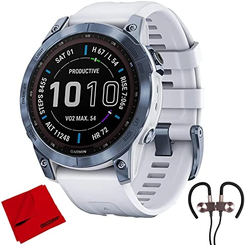 Garmin 010-02-24 Fenix 7 Sapphire Solar Smartwatch, Mineral Blue DLC Titanyum, Whitestone Band Sche with Deco Gear Manyetik Kablosuz Sport Earbuds and Deco Gear Microfiber Temizlik Kumaş ürün görseli 1