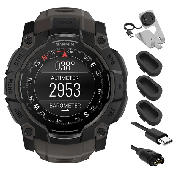 Garmin 010-03020-00 Instinct 3-50 mm Açık GPS Smartwatch AMOLED Black with Black Band Sche with Deco Essentials Şarj Dock, Silikon Dust Cover 3 Pack ve USB Type C Şarj ve Syn Cable ürün görseli 1