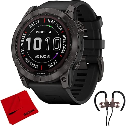 Garmin 010-02539-24 Fenix 7S Sapphire Solar Smartwatch - Karbon Gray Siyah Band Sche ile Deco Gear Manyetik Kablosuz Sport Earbuds ve Deco Gear Microfiber Temizlik Kumaşı ürün görseli 1