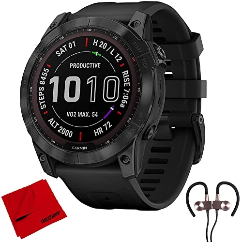 Garmin 010-02541-22 Fenix 7X Sapphire Solar Smartwatch - Black DLC Titanyum, Black Band | Resmi ABD Ortak Modeli | Sche with Deco Gear Wireless Sport Earbuds + Deco Gear Temizlik Kumaş Kumaşı ürün görseli 1