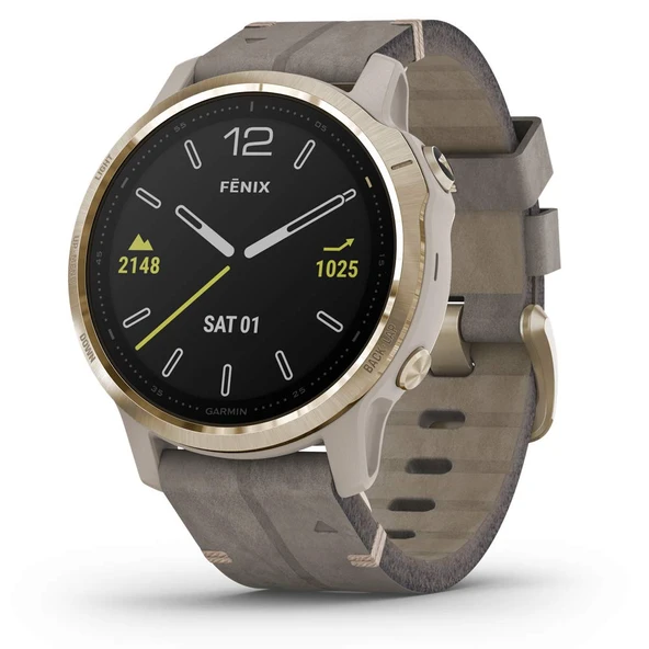 Garmin Fenix 6S Sapphire, Premium Multisport GPS Watch, Smaller-Sized, Özellikler Mapping, Music, Grade-Adjusted Pace Rehberlik ve Pulse Ox Sensörleri, Light Gold with Gray Deri Band ürün görseli 1
