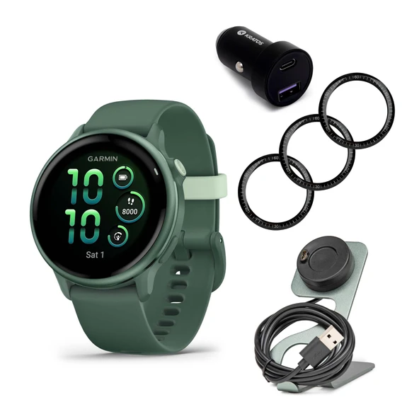 Garmin vivo 6 GPS Smartwatch (Metallic Jasper Green ile Jasper Band) (1994) 45W 2Port Araba Şarj, Portatif Şarj Standı ve Tempered Glass Ekran Koruyucu Film (40mm) (4 öğeler) (4)) (4)) (4)) ürün görseli 1