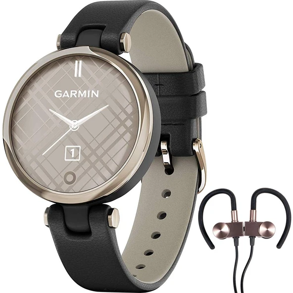 Garmin 010-02384-A1 Lily Classic Edition, Cream Gold Bezel ile Black Case & Italian Deri Band Watch Sche ile Deco Gear Manyetik Kablosuz Sport Earbuds ürün görseli 1