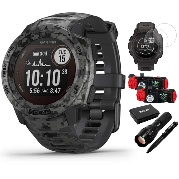 Garmin 010-02293-15 Instinct Solar Rugged Open Watch Camo Edition Graphite Camo Sche with Ekran Koruyucu 2Pack, 2Pack Emergency Shoes with SOS Light Bıçağı and Flashlight and Taktik Pen ürün görseli 1