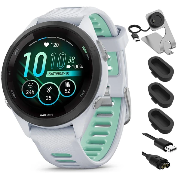 Garmin 010-02810-04 Forerunner 265S GPS Smartwatch Whitestone/Neo Tropic Sche ile Deco Essentials Şarj Dock, Dust Cover 3 Pack ve USB Type C Şarj Kablosu ürün görseli 1