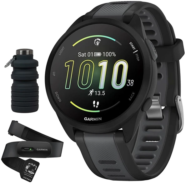 Garmin Forerunner 165 Smart Sport Watch, Black + Slate Gray with HRM 200 Heart Rate Monitor (XS-S) Sche with Deco Essentials Collapsable Water Şişe ürün görseli 1
