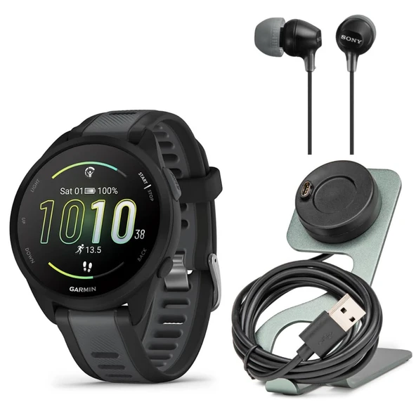 Garmin Forerunner 165 Music GPS Smartwatch (Black-Slate Gray) Sche with Focus Camera Charger Stand for Garmin Smartwatches and in-Ear Earbud Foots (Black) (3 Madde) ürün görseli 1