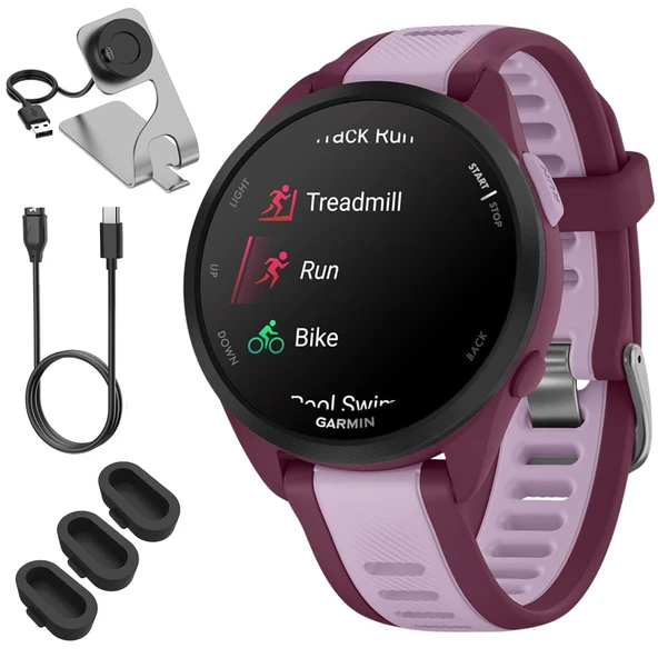 Garmin 010-02863-33 Forerunner 165 Music Smart Sport Watch, Berry + Lilac Sche with Deco Essentials Şarj Dock, 3X Silikon Kapak ve USB Type C Şarj ve You Cable ürün görseli 1