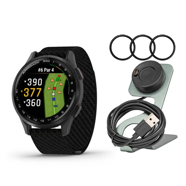 Garmin Yaklaşım S50 GPS AMOLED Golf Smartwatch (Slate Alüminyum Bezel, Black:56 Band) Focus Camera Şarj Stand ve Focus 9H Tempered Glass Ekran Koruyucu Film (3-Pack) (3 Madde) ürün görseli 1