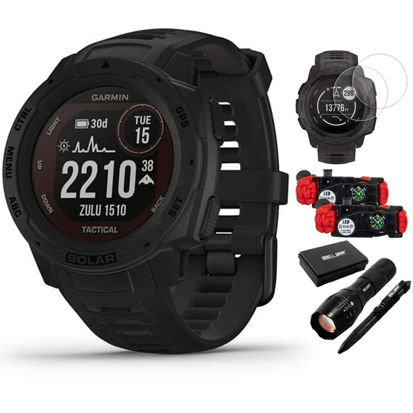 Garmin 010-02293-13 Instinct Solar Rugged Açık Taktik İzle Black Sche with Ekran Koruyucu 2Pack, 2Pack Emergency Shoes with SOS LED Light Bıçağı and Flashlight and Taktik Pen ürün görseli 1