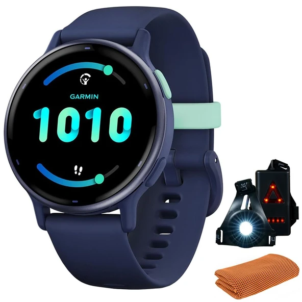 Garmin 010-02862-12aktif 5 Fitness Smartwatch, Donanma | Resmi ABD Ortak Modeli | İşout Soğutma Spor Havlusu ve Deco Essentials Wearable Commuter and Front Safety Light Light ürün görseli 1