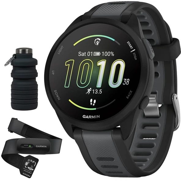 Garmin Forerunner 165 Music Smart Sport Watch, Black + Slate Gray with HRM 200 Heart Rate Monitor (M-XL) Sche with Deco Essentials Collapsable Water Şişe ürün görseli 1